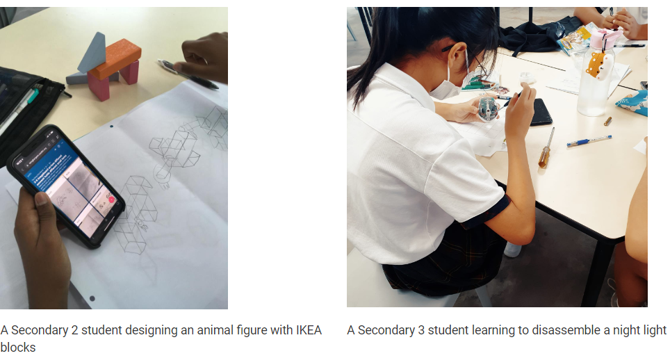 Two students doing hands-on activities: one sketching block shapes, another in a mask disassembling a night light at a desk.
